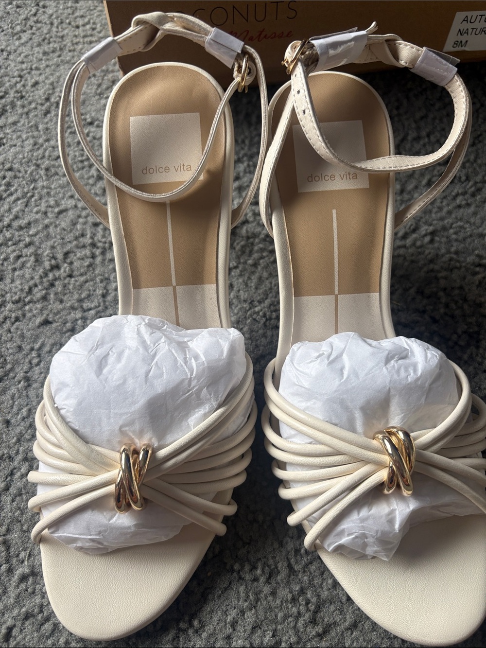 Dolce Vita Cream Strappy Ankle‑Strap Heels with Gold Ring Detail